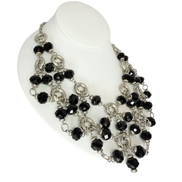 Sparkly Black Beaded Drape Necklace 21" Statement Bib Silver-Tone Formal Jewelry - Picture 3 of 11